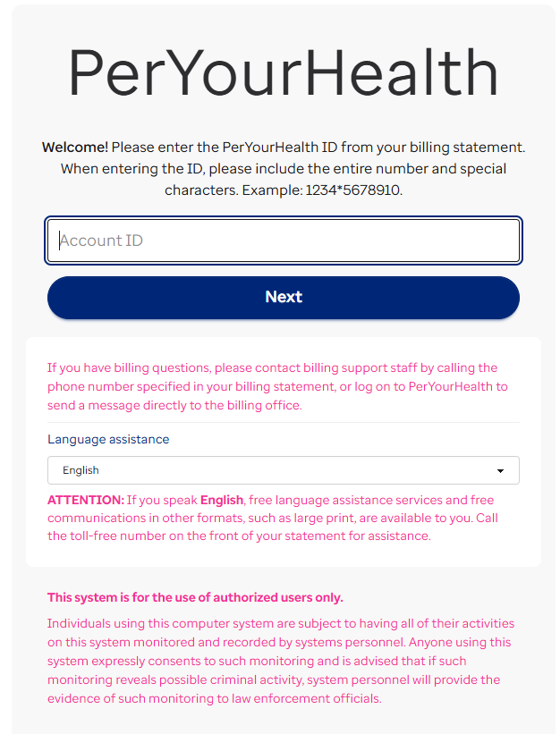 PerYourHealth Login Screen