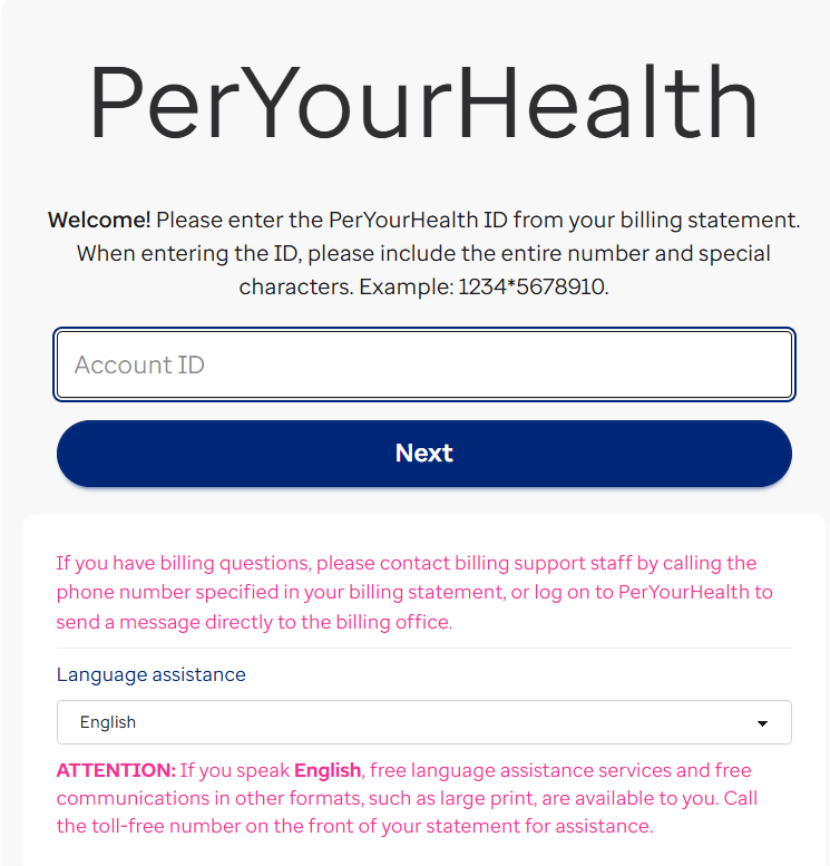 Example view of the official PerYourHealth login page